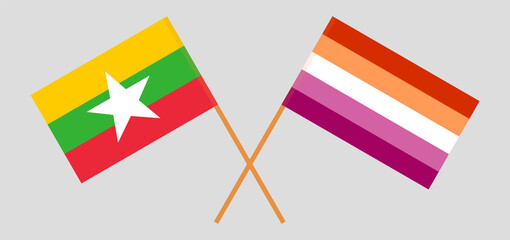 Crossed flags of Myanmar and Lesbian Pride. Official colors. Correct proportion