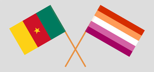 Crossed flags of Cameroon and Lesbian Pride. Official colors. Correct proportion