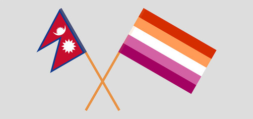 Crossed flags of Nepal and Lesbian Pride. Official colors. Correct proportion