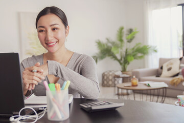 Asian woman working from home, remote learning, online class, stay home, social distancing, freelance job, new normal concept