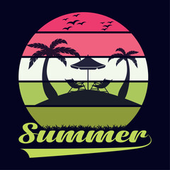 Summer Vibes Sunset T Shirt Design, Design, S, Style PNG and Vector, Summer Modern calligraphic T-shirt design with flat palm trees on bright colorful watercolor background