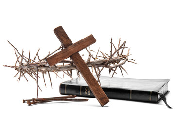 Fototapeta na wymiar Crown of thorns with cross, Holy Bible and nails on white background