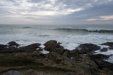 Les Sables d'Olonne, France - March 1, 2022:  The lighthouse of the Armandeche was built in 1968 and is the last large lighthouse to have been built in France. Atlantic coast. Selective focus.