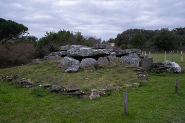 Pornic, France - March 1, 2022:  The Dolmen of Joseliere, also called Dolmen du Pissot, is a megalithic set, located in Pornic. Atlantic coast. Selective focus.