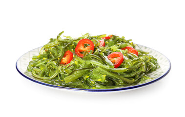 Plate with healthy seaweed salad on white background