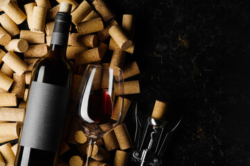 Festive composition. A bottle of red wine, a corkscrew and a wine glass lie on wine corks on a...