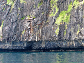 Little House Hanging on the Wall of Limestone Rock with Green Plants and Sea Below in Palawan, Philippines