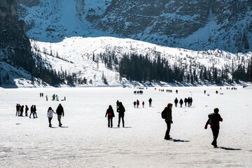 Iced Lake Braies in Bolzano province, Sudtirol, North Italy