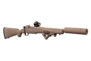 Modern bolt-action carbine with silencer and red dot sight. Scout rifle. Isolate on a white back