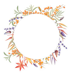 Floral wreath with autumn herbs, leaves, and berries. Watercolor illustration isolated on white. For invitations, thank you cards, greeting cards, stationery design. Perfect for farmhouse style.