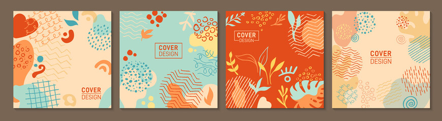 Trendy cover or square card with abstract shape set. Botanical floral design element for flyers planner, brochure, hand drawn social media collection. Decorative page background organic form vector