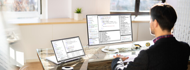 Fototapeta na wymiar Computer Programmer Writing Program Code On Computer