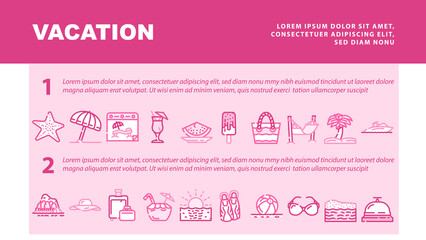 Summer Vacation Enjoying Traveler Landing Web Page Header Banner Template Vector. Hammock And Umbrella For Resting Summer Vacation, Exotic Cocktail And Tropic Fruit Food For Enjoy Sandy Illustration