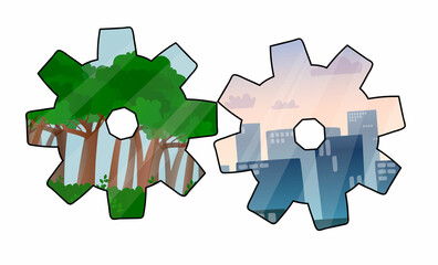 Vector isolated illustration with sixes, inside which the landscape of urban buildings on one and nature on the other is depicted. Concept of urbanization, landscaping, nature protection.