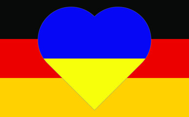 A heart painted in the colors of the flag of Ukraine on the flag of Germany. Vector illustration of a blue and yellow heart on the national symbol.
