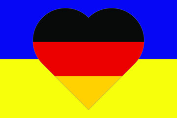 Heart painted in the colors of the flag of Germany on the flag of Ukraine. Vector illustration of a heart with the national symbol of Germany on a blue-yellow background.

