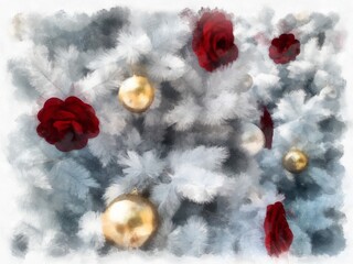 white christmas pine decorated with red flowers watercolor style illustration impressionist painting.