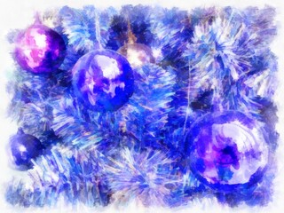 Purple Christmas tree decorated with purple and gold balls watercolor style illustration impressionist painting.