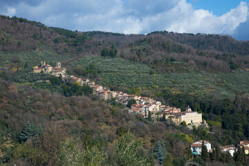 Fototapeta na wymiar The view of the town Collodi with the Villa Garzoni in front