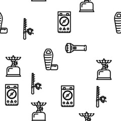 Camping Hiker Tool And Gadget Vector Seamless Pattern Thin Line Illustration