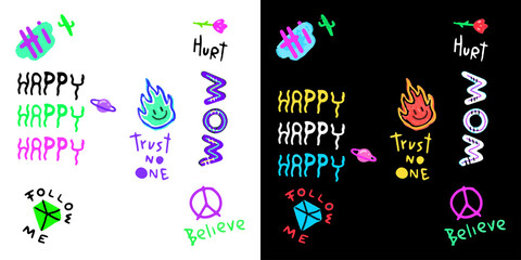 Modern street art vintage graffiti, with old style 90s cartoon drawings. Artwork for street wear, t shirt, posters, bomber jackets, hoodie, patchworks, enamel pins; for teenagers clothes.