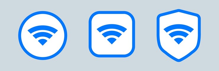 Wireless and wifi icon or sign for remote internet access. Different blue and white wifi icon set.