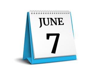 Calendar on white background. 7 June. 3D illustration.