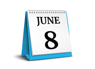 Calendar on white background. 8 June. 3D illustration.