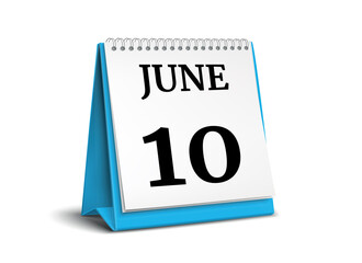 Calendar on white background. 10 June. 3D illustration.