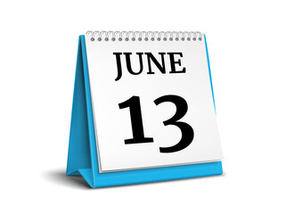 Calendar on white background. 13 June. 3D illustration.