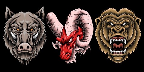Set of boar, goat, and gorilla illustration isolated on dark background © Dominico