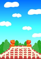 沖縄　赤瓦屋根　シーサー　縦