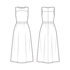 Women's Midi-Dress fashion vector sketch, Apparel template