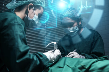 Medical doctor surgeon operating on patient body using scalpel dissecting and ai computer hologram projection UI assistance, futuristic medical healthcare computer artificial intelligence technology
