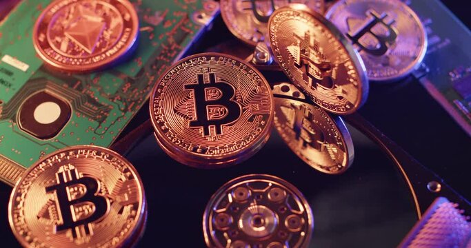 Bitcoins on to of Computer Hardware. Industry 4.0 and digital trading concept
