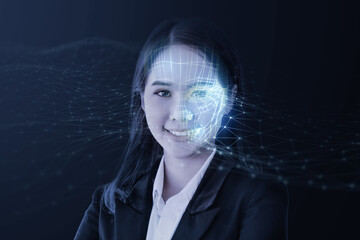 Face detection AI technology, facial recognition security user identification access, Asian...