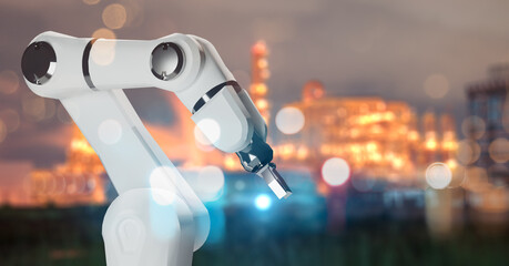 Robot arm mechanical hand Ai artificial intelligence technology, engineering factory bokeh background, mass production producing machinery industry, 3d model rendering modern futuristic concept.