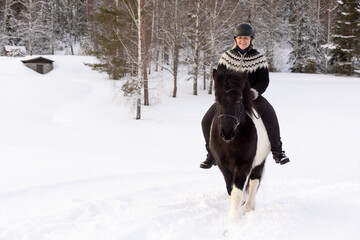 Fototapeta na wymiar Icelandic horse ride in deep snow. Female rider with Icelandic sweater and helmet.