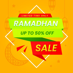 Ramadan sale banner template design with a crescent moon and lanterns with Islamic background ornaments. suitable for web promotion and social media.