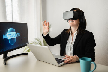 Metaverse technology concept - Business woman doing video call wearing virtual reality headset - Focus on goggles