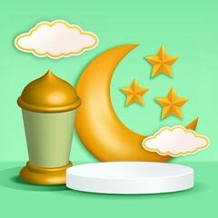 3D illustration of classic teal Muslim Islamic festival theme product display background with crescent moon and Islamic decorations