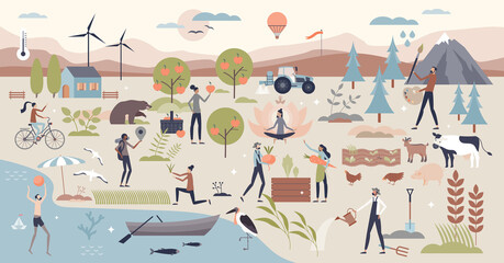 Ecosystem services and environmental activities tiny person collection set. Scene with various nature relaxation views vector illustration. Outdoor process with camping, sport and farming landscape.