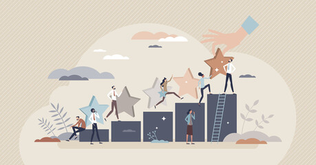 Quality satisfaction and customer rating evaluation tiny person concept. Feedback for product or service performance vector illustration. Best, average or poor business choice and consumer appraisal. - obrazy, fototapety, plakaty