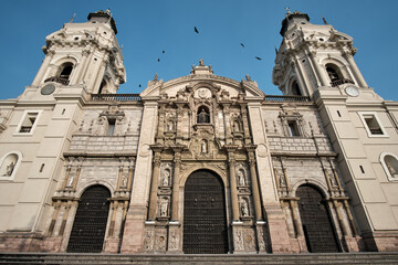 Beautiful view of the main cathedral in the main square of Lima, with its classical architecture.