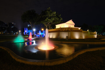 Night scene of waterfalls in the pools of the magic water circuit in Lima; recreational park...