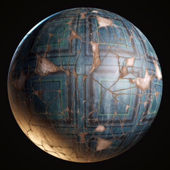 3D render of a sphere textured with blue ancient cracked fresco paint on a plaster wall material