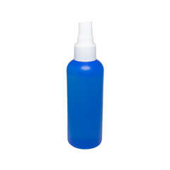Blue plastic spray bottle for cleanser, antiseptic, lotion etc. Isolated on white background.