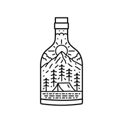 Mono line art of Nature mountain camp wildlife in bottle shape. design for t-shirt, badge, sticker, etc