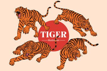 Set Tiger face wild poses isolated cartoon illustration