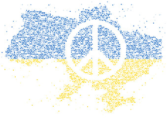 Abstract Geometric Circle dot pattern particle Peace icon shape with Ukraine national flag, VR technology Peaceful Pray and Stop war concept design illustration on white background with copy space
